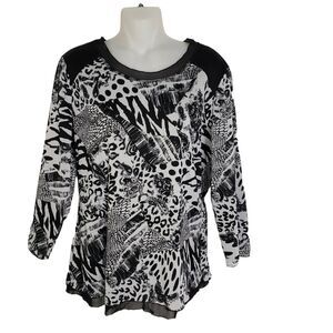 Nygard Collection Womens Top Medium Black White 3/4 Sleeve Lined Geometric Print